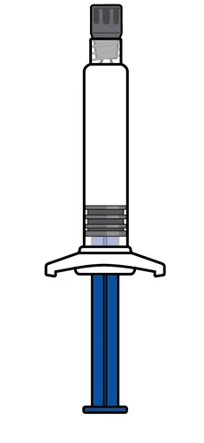 Dibujo técnico de una jeringa vertical con cuerpo blanco, émbolo azul y extremo superior gris con detalles en espiral