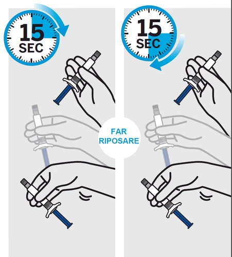 Dos diagramas con cronómetros que indican 15 segundos y manos sosteniendo jeringas para ilustrar el procedimiento de reposo del medicamento