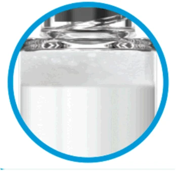 Frasco de vidrio transparente con tapón plateado que contiene un líquido blanco opaco incluido en un círculo con borde azul