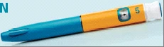 Medical injection pen with blue and orange body, featuring a small display with indicator and the number 5 printed in black