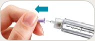 A hand removing a purple cap from a needle of a transparent syringe moving leftward, indicated by a blue arrow