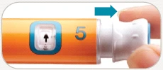 A hand holding an orange medical device with number 5 and a blue arrow indicating clockwise rotation movement