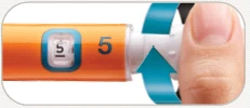 Finger rotating the white part of an orange medical device with a display showing number 5 indicated by curved blue arrows