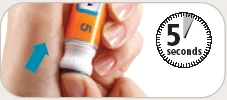 A hand holding an orange applicator on the skin with a blue arrow and a timer indicating 5 seconds