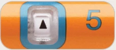 Detail of an orange medical device with a blue numeric indicator '5' and a transparent window showing a black triangle pointing downward