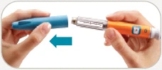Two hands separating or joining two parts of a blue and orange medical device with a blue arrow indicating movement to the left