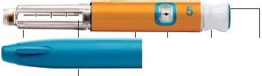 Medical injection pen with orange body, control window showing number 5, and transparent top with graduated scale on white background