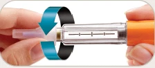 Two hands holding a transparent injection pen with blue and black arrows indicating rotational movement for assembly