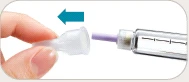 A hand holding a transparent plastic cap while moving it toward the tip of a syringe with a purple needle, indicated by a blue arrow