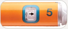 Detail of an orange injection pen with a transparent display showing a black arrow pointing right and the number 5 in blue beside it