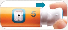 A hand rotating the white part of an orange medical device clockwise, indicated by a blue arrow next to the number 5