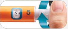 A finger rotating the white part of an orange medical device with a digital display showing number 5 and a curved blue arrow