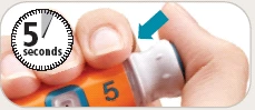 Hands holding an orange vial with a circular timer indicating 5 seconds and a blue arrow pointing toward the gray cap