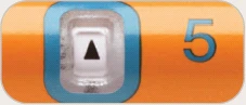 Detail of an orange medical device with a central white button marked with a black triangle and the number 5 in blue beside it