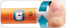 Finger rotating the terminal white part of an orange medical device with number 5 and a black arrow on white background
