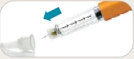 A syringe with transparent body and orange cap being pushed toward a white protective cap, indicated by a blue arrow