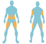 Two blue human silhouettes showing orange application areas on abdomen, thighs, arms, and hips indicating drug administration sites