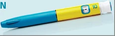 Medical injection pen with blue body and yellow upper part, number 10, and control window on light blue background