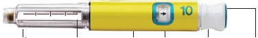 Medical injection pen with yellow and transparent body, visible graduated scale, number 10 printed on yellow background with control window