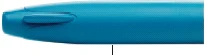 Close-up of a blue injection pen with an activation button on the tip and a vertical black line at the base