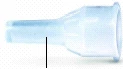 A transparent plastic connector with a wide base and a thin, elongated tube on white background