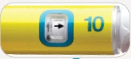 Detail of a yellow cylindrical medical device with a blue number 10 and a transparent window with a black arrow inside
