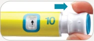 Detail of a yellow injection pen with number 10 and a blue arrow indicating movement to the left