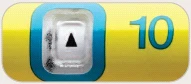 Detail of a yellow medical device with a transparent square indicator containing a black triangle and the number 10 in blue