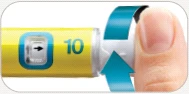 A thumb rotating the terminal part of a yellow medical device with number 10 and a black arrow on blue background