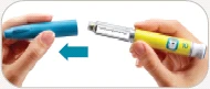 Two hands showing how to place a blue cap onto a yellow and white injection pen following the direction of a blue arrow