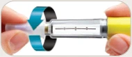 Two hands holding a transparent syringe with a curved blue arrow indicating rotational movement to unscrew the white cap