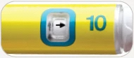 Detail of a yellow medical device with a transparent window containing a black arrow pointing right and the number 10 in blue