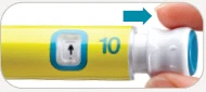 Fingers holding a yellow medical device with number 10 and a blue arrow indicating to rotate the white part clockwise