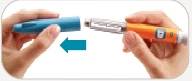 Two hands connecting a blue medical device to an orange container following the direction of a blue arrow pointing left
