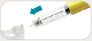 A transparent syringe with yellow cap and a blue arrow indicating removal of the white protective cap
