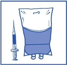 Dibujo esquemático azul de una jeringa colocada junto al torso de una persona para indicar el sitio de administración del medicamento