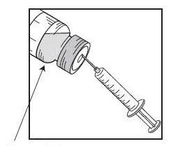 Dibujo técnico de una aguja de jeringa que penetra a través del tapón de goma de un frasco de medicamento para extraer su contenido