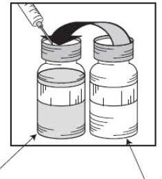 Dibujo técnico que muestra una jeringa con aguja penetrando el tapón de un frasco de vidrio junto a un segundo frasco idéntico