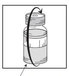 Dibujo en blanco y negro de un frasquito de medicamento con una flecha curva que indica el movimiento de rotación del recipiente