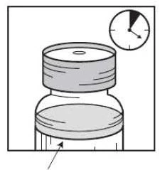 Dibujo técnico de un frasquito de medicamento con una flecha que indica el líquido interior y un reloj en la esquina superior derecha