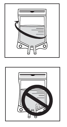 Diagrama con dos recuadros que muestran una bolsa de infusión con una flecha circular para agitar y una bolsa tachada con un círculo y una línea diagonal