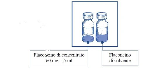 Dibujo técnico de dos viales adyacentes con etiquetas que indican un vial de concentrado de 60 mg-1,5 ml y un vial de disolvente