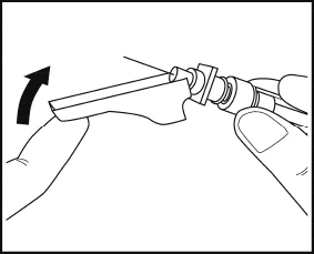 Dibujo en blanco y negro que muestra dos manos sosteniendo un dispositivo médico con una flecha curva que indica el movimiento de rotación hacia la izquierda