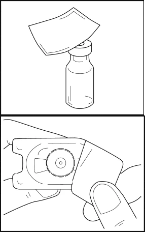 Dibujo técnico que muestra un frasco de vidrio con tapa y una mano que sostiene un dispositivo médico plano con un disco central