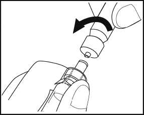 Dibujo en blanco y negro que muestra una mano que gira una tapa cilíndrica hacia la izquierda para desacoplarla de un dispositivo médico