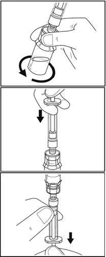 Tres diagramas muestran una mano que gira un frasco, presiona un émbolo hacia abajo y empuja más para aspirar el líquido