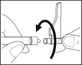 Dos manos que giran un dispositivo médico cilíndrico con una flecha negra curva que indica el movimiento de rotación entre las dos partes