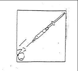 Dibujo esquemático en blanco y negro de una jeringa con aguja inclinada diagonalmente