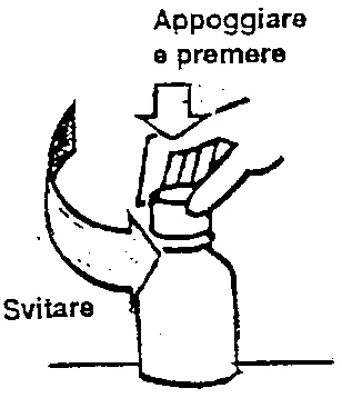 Technical drawing showing a hand pressing down on the cap of a bottle and a curved arrow indicating to unscrew the container