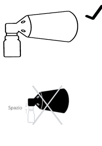 Dibujo esquemático que muestra la colocación correcta de un vial con un conector inclinado y un error con exceso de espacio tachado con una X